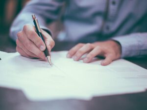 A lawyer working on legal paperwork.