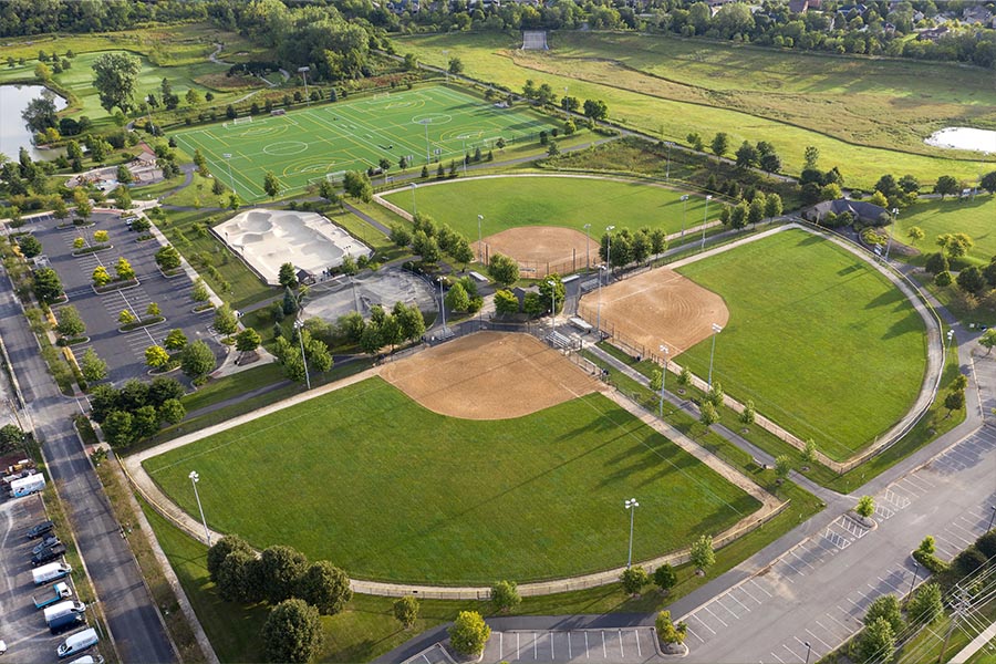Sport Complex Insurance - Arieal View of Baseball Fields and Green Fields on a Beautiful Day