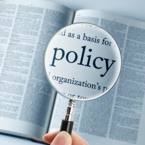 book with magnifying glass highlighting the word policy