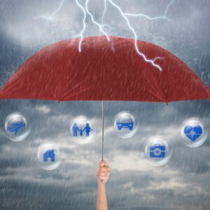 umbrella in storm hovering over icons of things that are covered in insurance